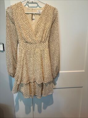 Japna Cream Long-Sleeve Tiered Polka Dot Dress. B16